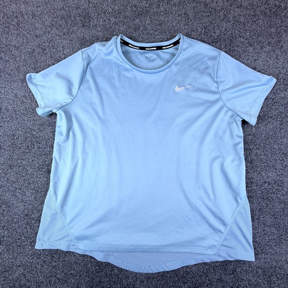 Nike Tops - Nike Dri-FIT Miler‎ Running T-Shirt Womens XL Blue Logo Mesh Lined High Low Hem